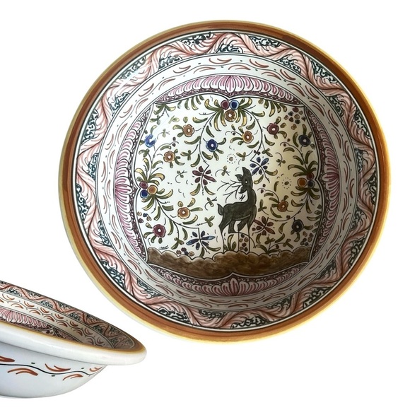 Portugal Hand-Painted Serving Bowl – Deer & Floral Botanical, Signed Soledade - Picture 1 of 7